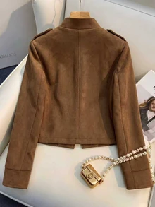 SHEIN Franclia 女款秋冬仿麂皮軍風短版夾克，立領雙排扣金色鈕扣，肩章設計，復古開襟短外套 - 棕色 - 查看 3