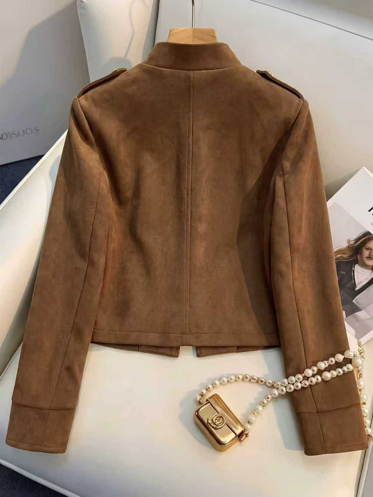 SHEIN Franclia Áo khoác ngắn nữ thu đông giả da lộn phong cách quân đội, cổ đứng, hai hàng khuy, cúc vàng, cầu vai, kiểu vintage, vạt mở, áo khoác ngoài ngắn - màu nâu - Xem 2