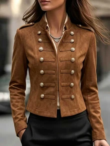 SHEIN Franclia 女款秋冬仿麂皮軍風短版夾克，立領雙排扣金色鈕扣，肩章設計，復古開襟短外套 - 棕色 - 查看 4