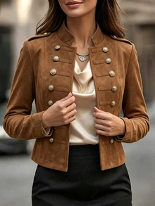 SHEIN Franclia 女款秋冬仿麂皮軍風短版夾克，立領雙排扣金色鈕扣，肩章設計，復古開襟短外套 - 棕色 - 查看 6
