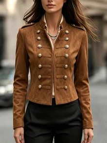 SHEIN Franclia 女款秋冬仿麂皮軍風短版夾克，立領雙排扣金色鈕扣，肩章設計，復古開襟短外套 - 棕色 - 查看 5
