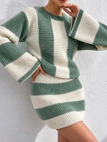 EURMUSE Women Striped Knit Design Oversize Sweater And Knit Skirt Set - Mint Green - View 6