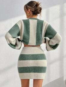 EURMUSE Women Striped Knit Design Oversize Sweater And Knit Skirt Set - Mint Green - View 3