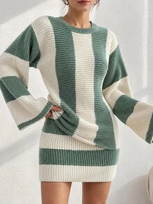 EURMUSE Women Striped Knit Design Oversize Sweater And Knit Skirt Set - Mint Green - View 7