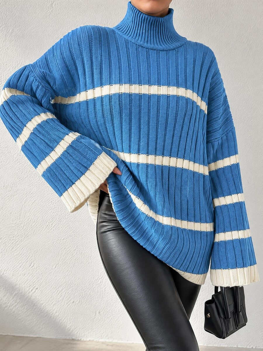 EURMUSE Women's High Neck Striped Loose Sweater
