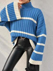 EURMUSE Women's High Neck Striped Loose Sweater - Blue - View 4