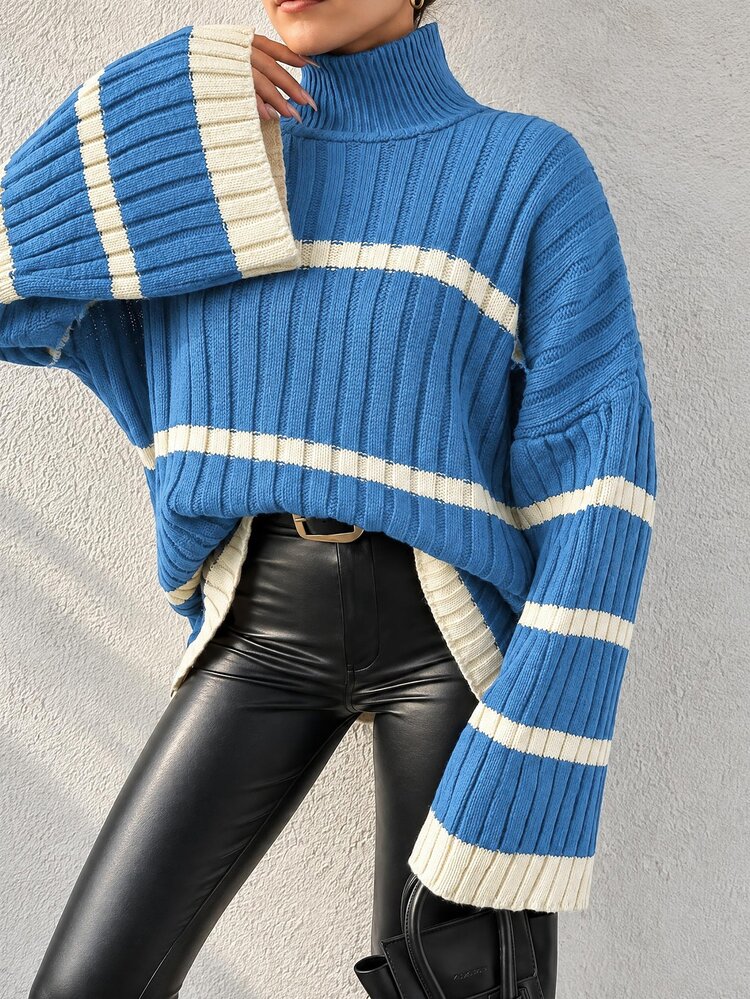 EURMUSE Women's High Neck Striped Loose Sweater - Blue - View 3
