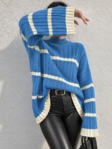 EURMUSE Women's High Neck Striped Loose Sweater - Blue - View 7