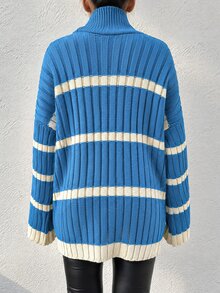 EURMUSE Women's High Neck Striped Loose Sweater - Blue - View 3