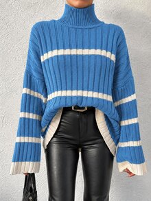 EURMUSE Women's High Neck Striped Loose Sweater - Blue - View 5