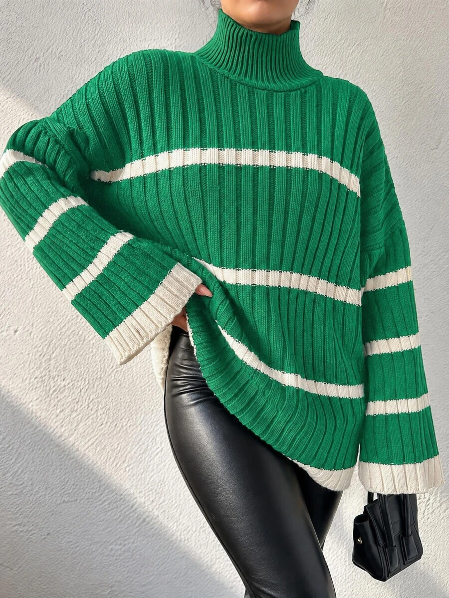 EURMUSE Women's Stand Collar Drop Shoulder Long Sleeve Color-Block Sweater