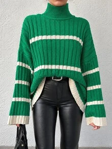 EURMUSE Women's Stand Collar Drop Shoulder Long Sleeve Color-Block Sweater - Green - View 4