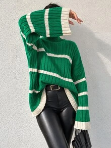 EURMUSE Women's Stand Collar Drop Shoulder Long Sleeve Color-Block Sweater - Green - View 7
