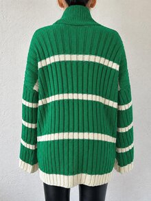 EURMUSE Women's Stand Collar Drop Shoulder Long Sleeve Color-Block Sweater - Green - View 3