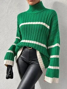 EURMUSE Women's Stand Collar Drop Shoulder Long Sleeve Color-Block Sweater - Green - View 6