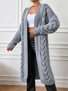 EURMUSE Women's Cable Knit Long Cardigan - Light Grey - View 5