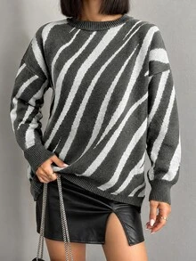 SHEIN Cottnline Round Neck Drop Shoulder Sleeve Sweater - Grey - View 4
