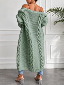 EURMUSE Solid Color Drop Shoulder Cable Knitted Cardigan - Mint Green - View 3