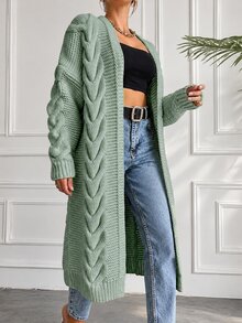 EURMUSE Solid Color Drop Shoulder Cable Knitted Cardigan - Mint Green - View 5