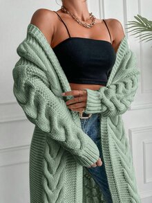 EURMUSE Solid Color Drop Shoulder Cable Knitted Cardigan - Mint Green - View 6