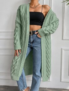 EURMUSE Solid Color Drop Shoulder Cable Knitted Cardigan - Mint Green - View 4