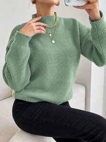 EURMUSE Round Neck Solid Color Drop Shoulder Casual Sweater - Mist Green - View 6