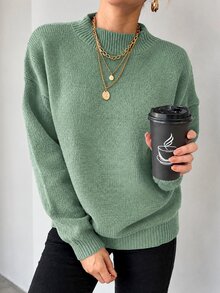 EURMUSE Round Neck Solid Color Drop Shoulder Casual Sweater - Mist Green - View 5