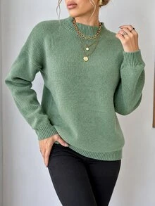 EURMUSE Round Neck Solid Color Drop Shoulder Casual Sweater - Mist Green - View 3