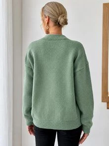 EURMUSE Round Neck Solid Color Drop Shoulder Casual Sweater - Mist Green - View 2