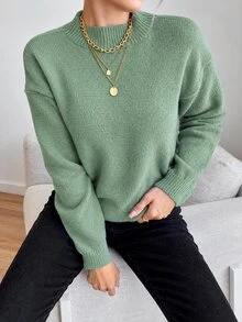 EURMUSE Round Neck Solid Color Drop Shoulder Casual Sweater - Mist Green - View 4
