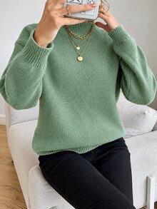 EURMUSE Round Neck Solid Color Drop Shoulder Casual Sweater - Mist Green - View 7