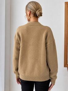 EURMUSE Stand Collar Solid Color Loose Fit Drop Shoulder Casual Sweater - Mocha Brown - View 3