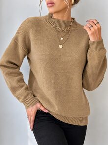EURMUSE Stand Collar Solid Color Loose Fit Drop Shoulder Casual Sweater - Mocha Brown - View 7