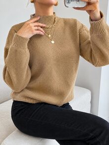 EURMUSE Stand Collar Solid Color Loose Fit Drop Shoulder Casual Sweater - Mocha Brown - View 6
