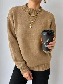 EURMUSE Stand Collar Solid Color Loose Fit Drop Shoulder Casual Sweater - Mocha Brown - View 4