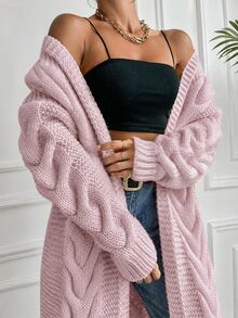 EURMUSE Cable Knit Drop Shoulder Duster Cardigan - Baby Pink - View 6