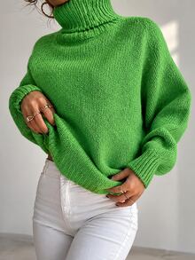 SHEIN Cottnline Turtleneck Raglan Sleeve Jumper - Green - View 5