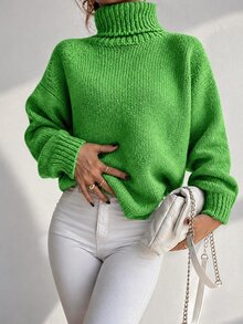 SHEIN Cottnline Turtleneck Raglan Sleeve Jumper - Green - View 7