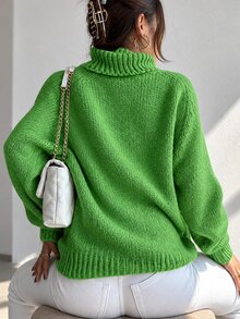 SHEIN Cottnline Turtleneck Raglan Sleeve Jumper - Green - View 3