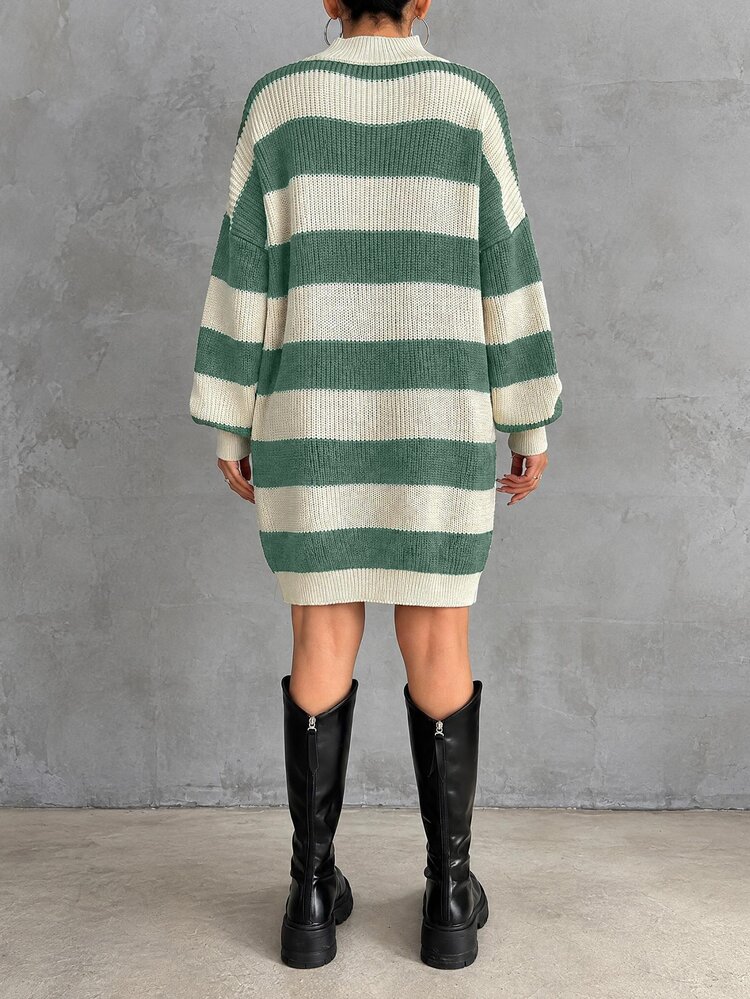 EURMUSE Women Drop Shoulder Sweater Dress With Green And White Striped Pattern Everyday Autumn Casual Preppy - Mint Green - View 2