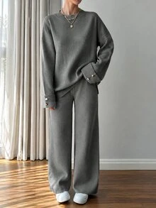 EURMUSE Women Button Detailed Sweater And Pant Set Everyday Travel Dark Grey Fall Casual - Dark Grey - View 5