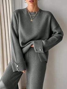 EURMUSE Women Button Detailed Sweater And Pant Set Everyday Travel Dark Grey Fall Casual - Dark Grey - View 4