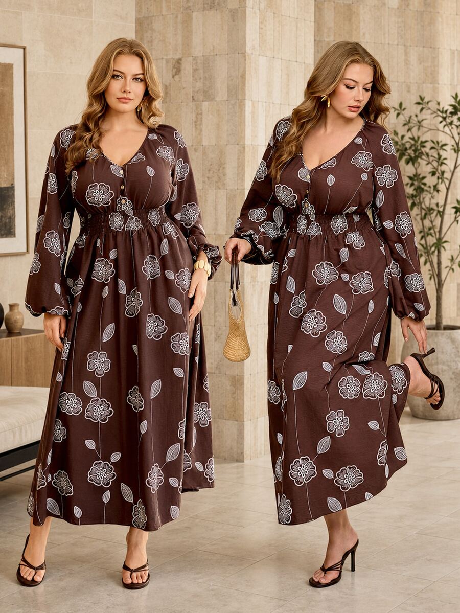 Roveilla Women's Plus Size 3D Floral Fabric Dress Textured Pattern, Minimalist Boho 1960s, Button Collar Detail, Loose Fit, Formal Brown Autumn Fall - Multicolor - View 1
