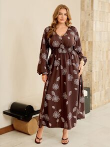 Roveilla فستان نسائي مقاس كبير بنقشة زهور ثلاثية الأبعاد من القماش المنسوج، بوهيمي بسيط من الستينيات، تفاصيل ياقة بأزرار، قصة فضفاضة، بني رسمي للخريف - متعدد الألوان - مشاهدة 6