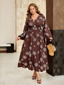 Roveilla فستان نسائي مقاس كبير بنقشة زهور ثلاثية الأبعاد من القماش المنسوج، بوهيمي بسيط من الستينيات، تفاصيل ياقة بأزرار، قصة فضفاضة، بني رسمي للخريف - متعدد الألوان - مشاهدة 4