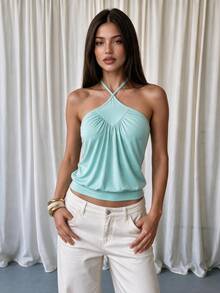 Coastalzia Atasan Halter Tanpa Punggung Gaya Kasual Jalanan Musim Panas 2026 Gaya Y2K - Mint Green - View 6