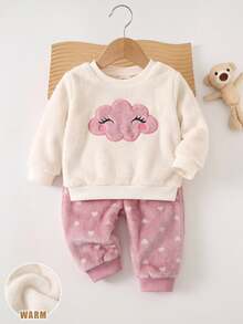 SHEIN Newborn Baby Girl Cartoon Cloud Embroidered Sweatshirt And Winter Pants Set - Pink - View 9