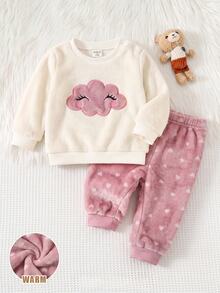 SHEIN Newborn Baby Girl Cartoon Cloud Embroidered Sweatshirt And Winter Pants Set - Pink - View 3