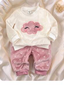 SHEIN Newborn Baby Girl Cartoon Cloud Embroidered Sweatshirt And Winter Pants Set - Pink - View 1