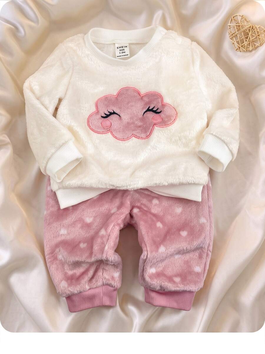 SHEIN Newborn Baby Girl Cartoon Cloud Embroidered Sweatshirt And Winter Pants Set - Pink - View 1